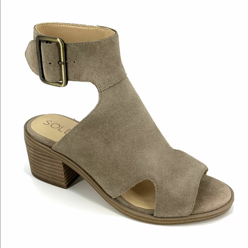 Sole Society Taupe Suede Cutout Ankle Strap Block Heel Sandals